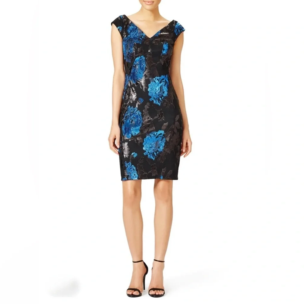 Yoana Baraschi Slim Black & Blue Sheath Midi SZ 6/8 LIKE NEW Original Cost $458 - Picture 2 of 9